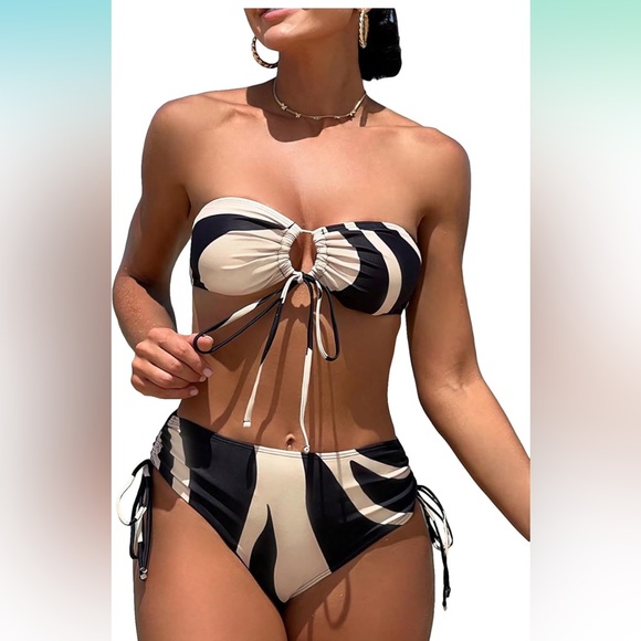 Black and Tan Abstract Print Strapless Tie Up Bikini - Picture 1 of 5